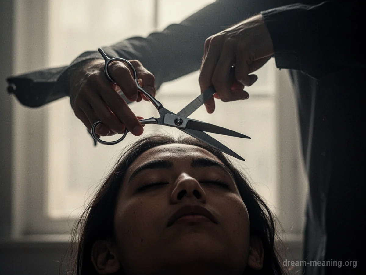A shadowy hand holding scissors over a person's head.