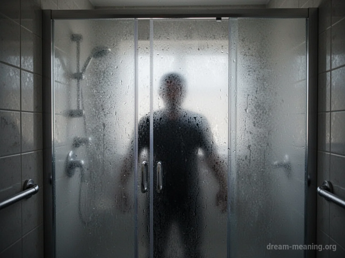 A silhouette visible through a frosted glass shower door.