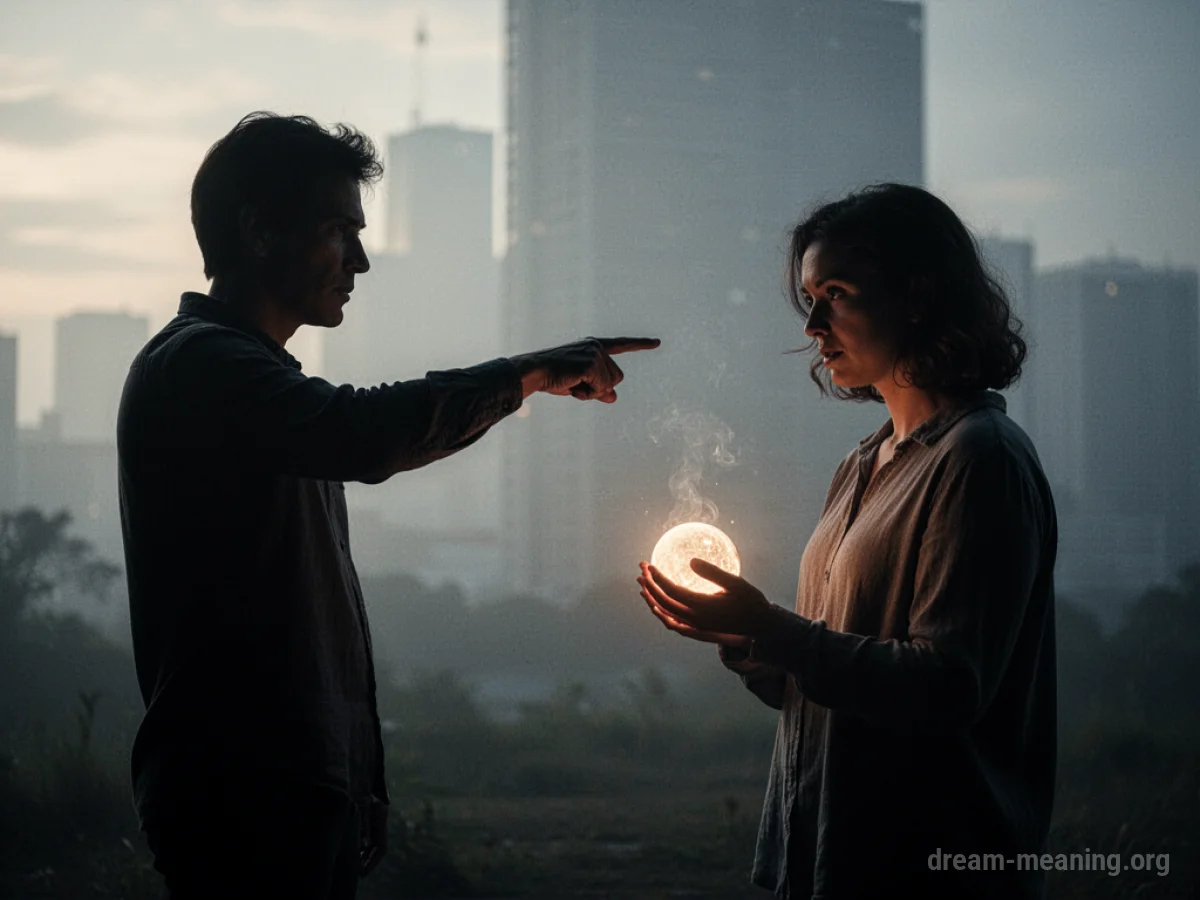 A person pointing towards another person holding a bright light.
