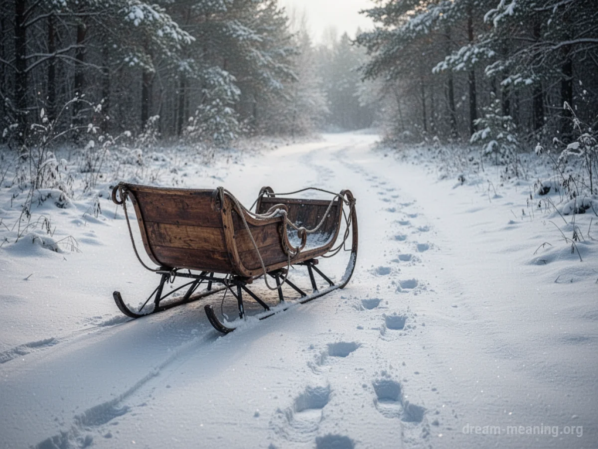 An empty sleigh sits on a snowy path with footprints receding into the distance.