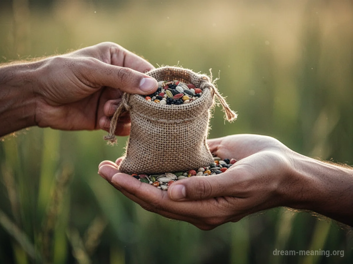 A hand extending a pouch of seeds towards an open palm.