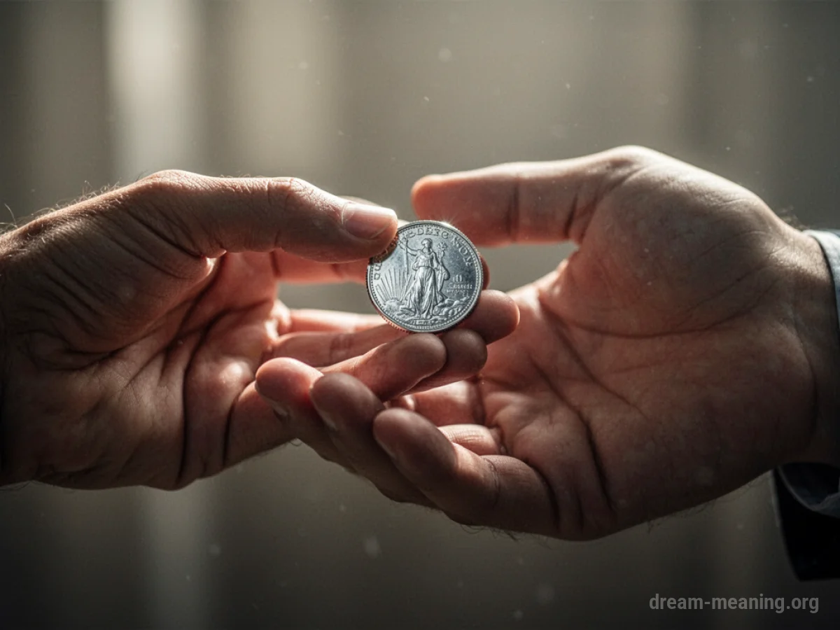 A hand extends a silver coin towards another hand.