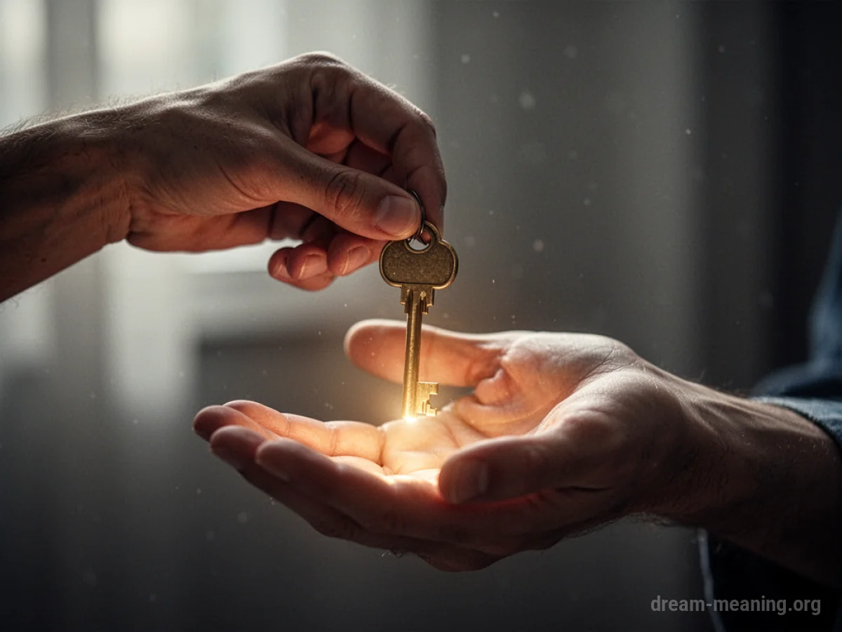 A hand offers a luminous key to another open hand.