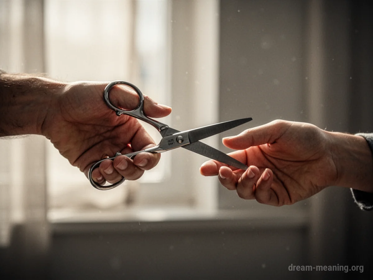 A hand offering a pair of scissors to another hand.