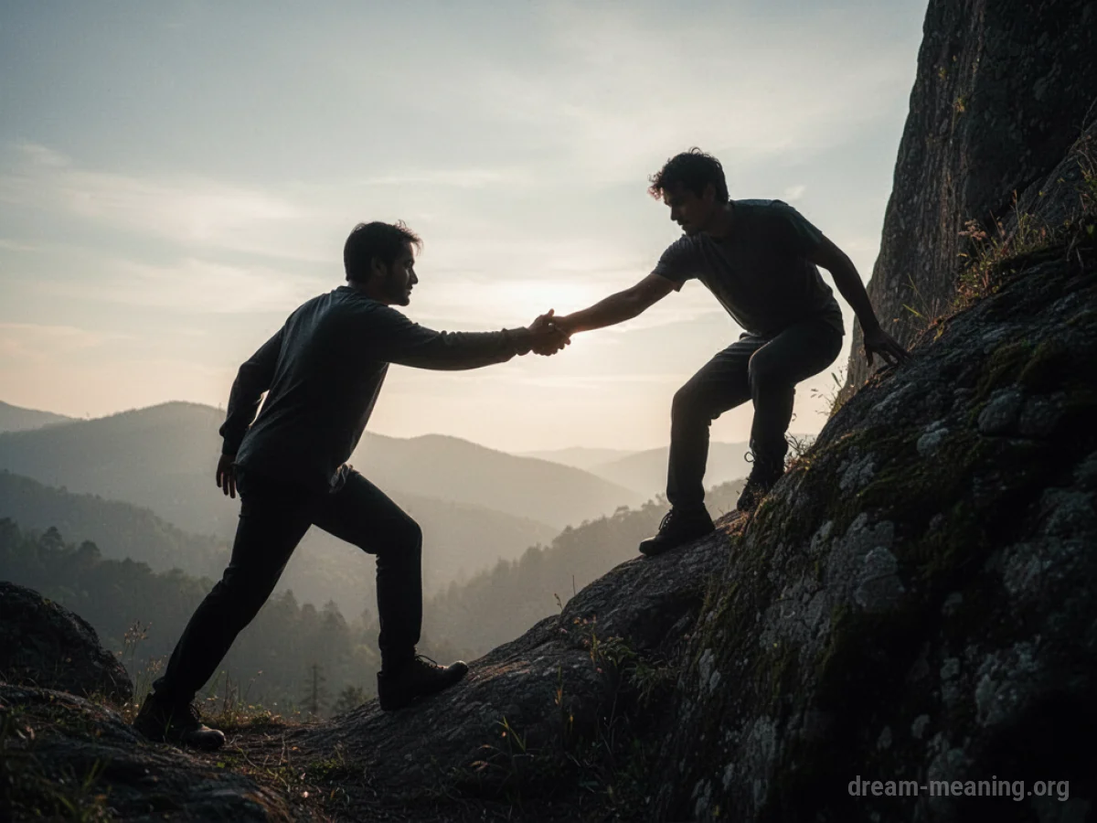 A silhouette of one person extending a hand to help another person climb.