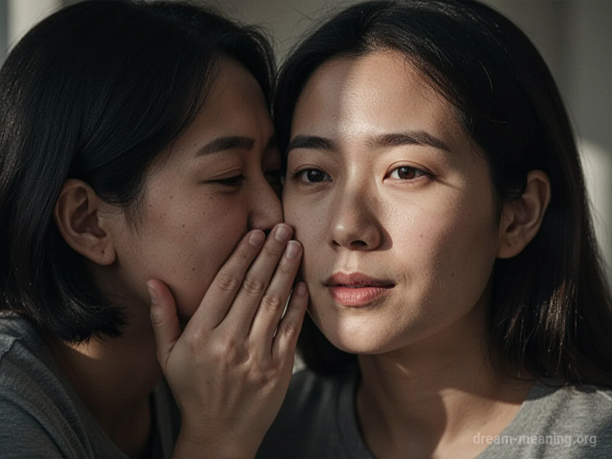 A person whispering a secret into another person's ear.