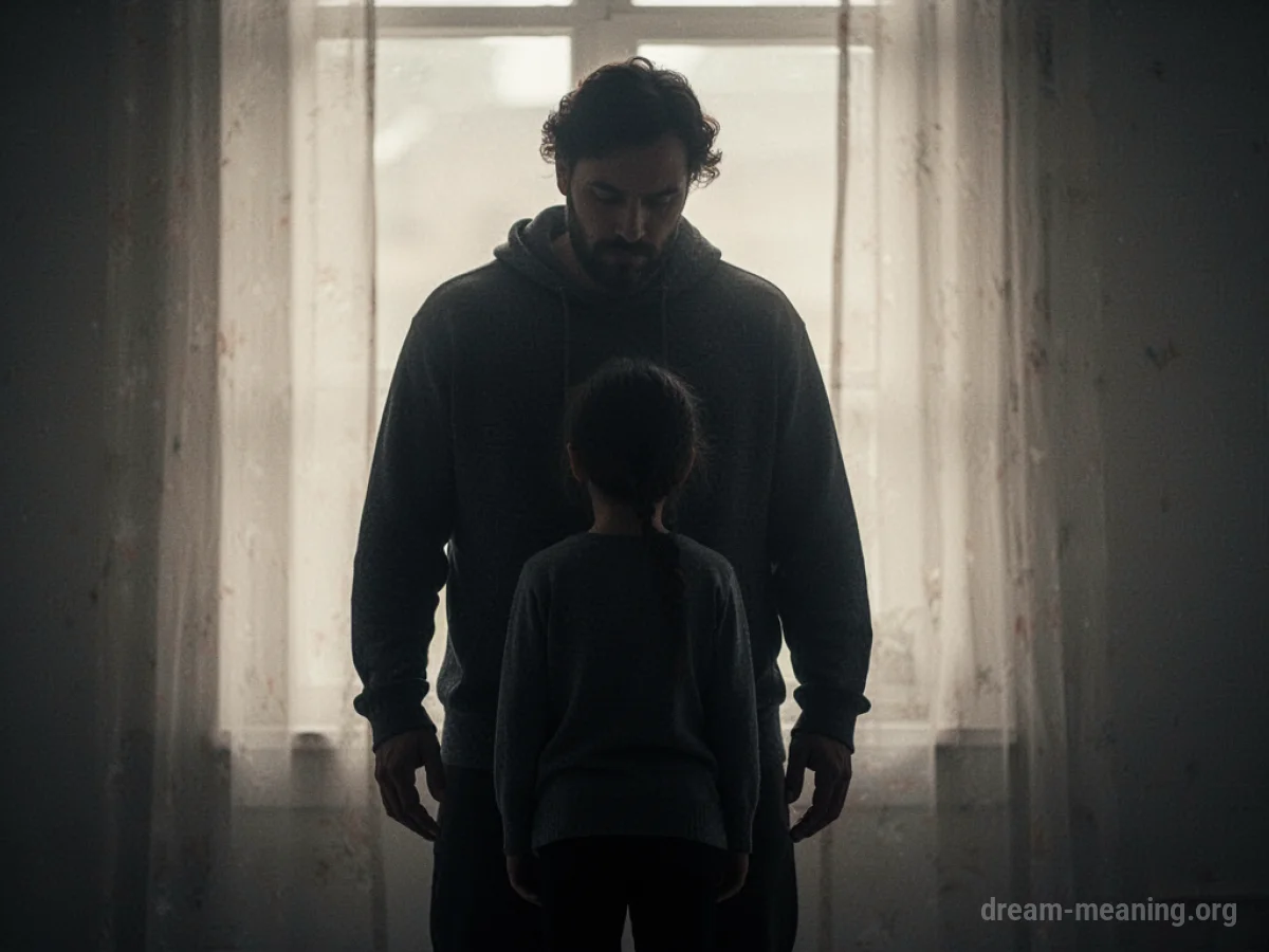 A large silhouette figure shielding a smaller silhouette figure.