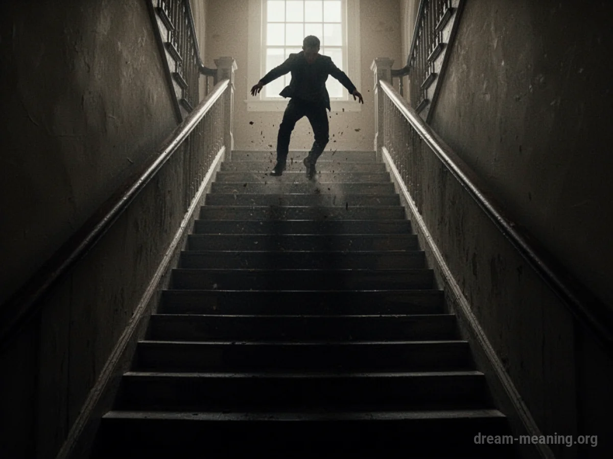 A silhouetted figure falling down a long, dark staircase.