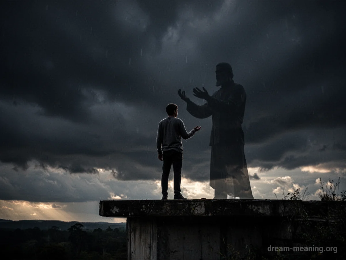 Silhouette of one person being offered by another under a dark sky.
