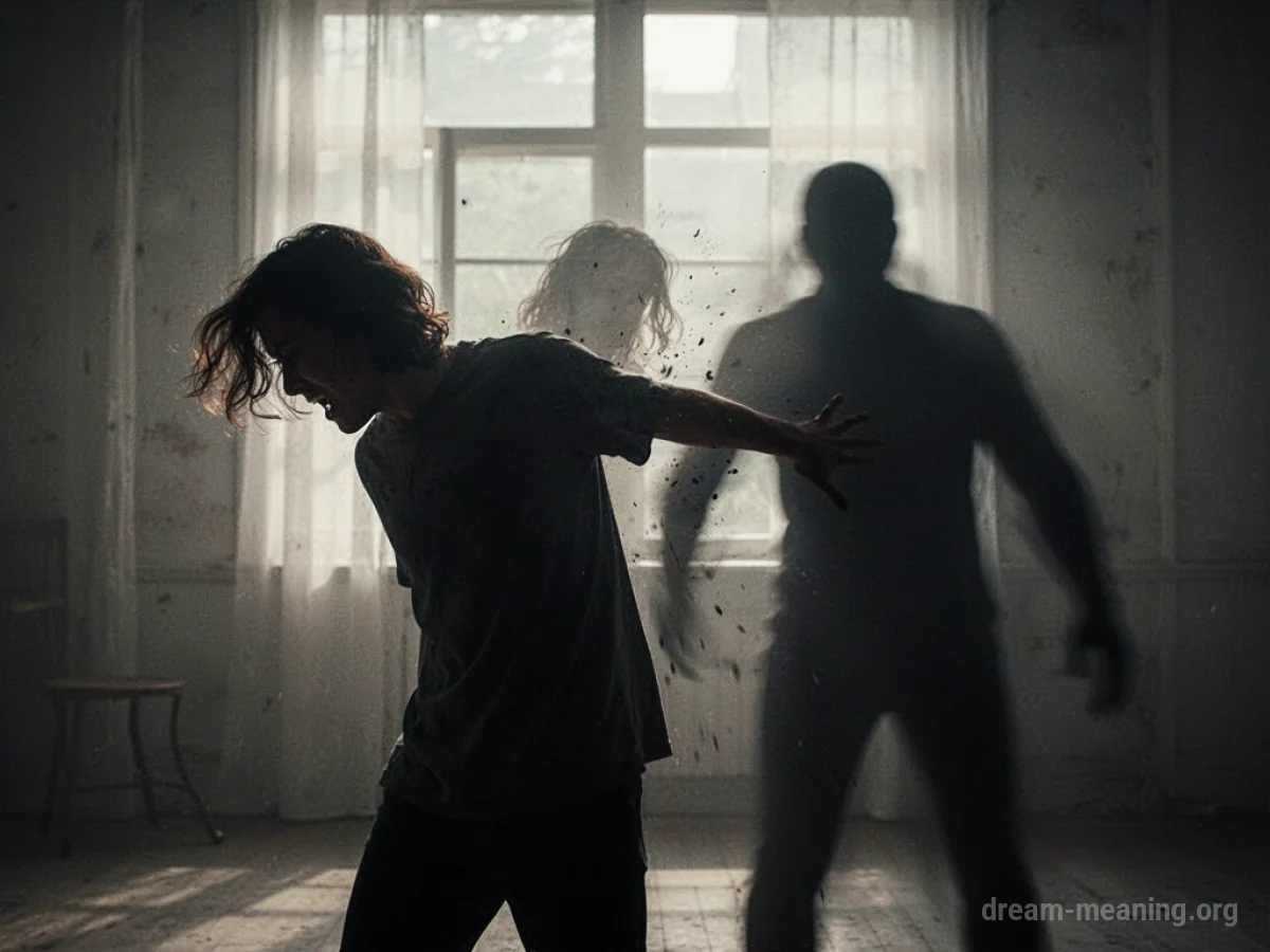 Silhouette of a person recoiling from a shadowy figure.