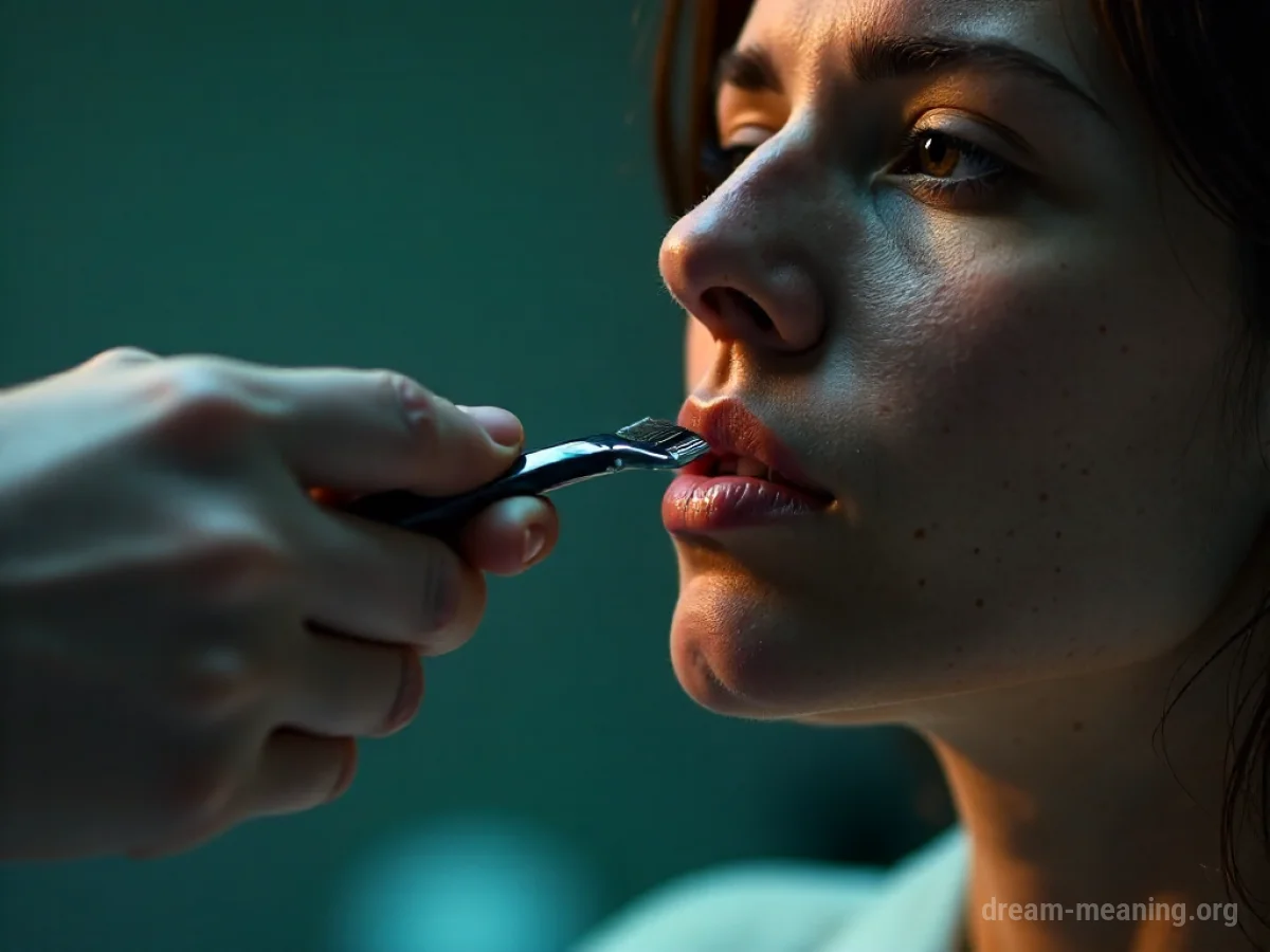 A hand holds a razor near a person's face.