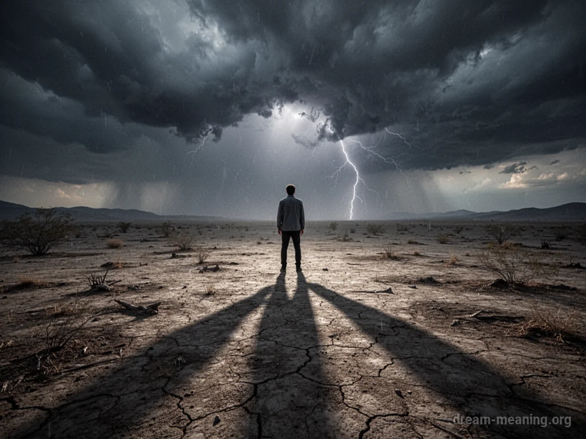 Silhouette of a person in a vast, dark, and empty field with a dramatic sky.