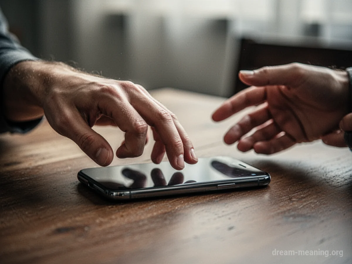 A close-up of hands near a smartphone on a surface.