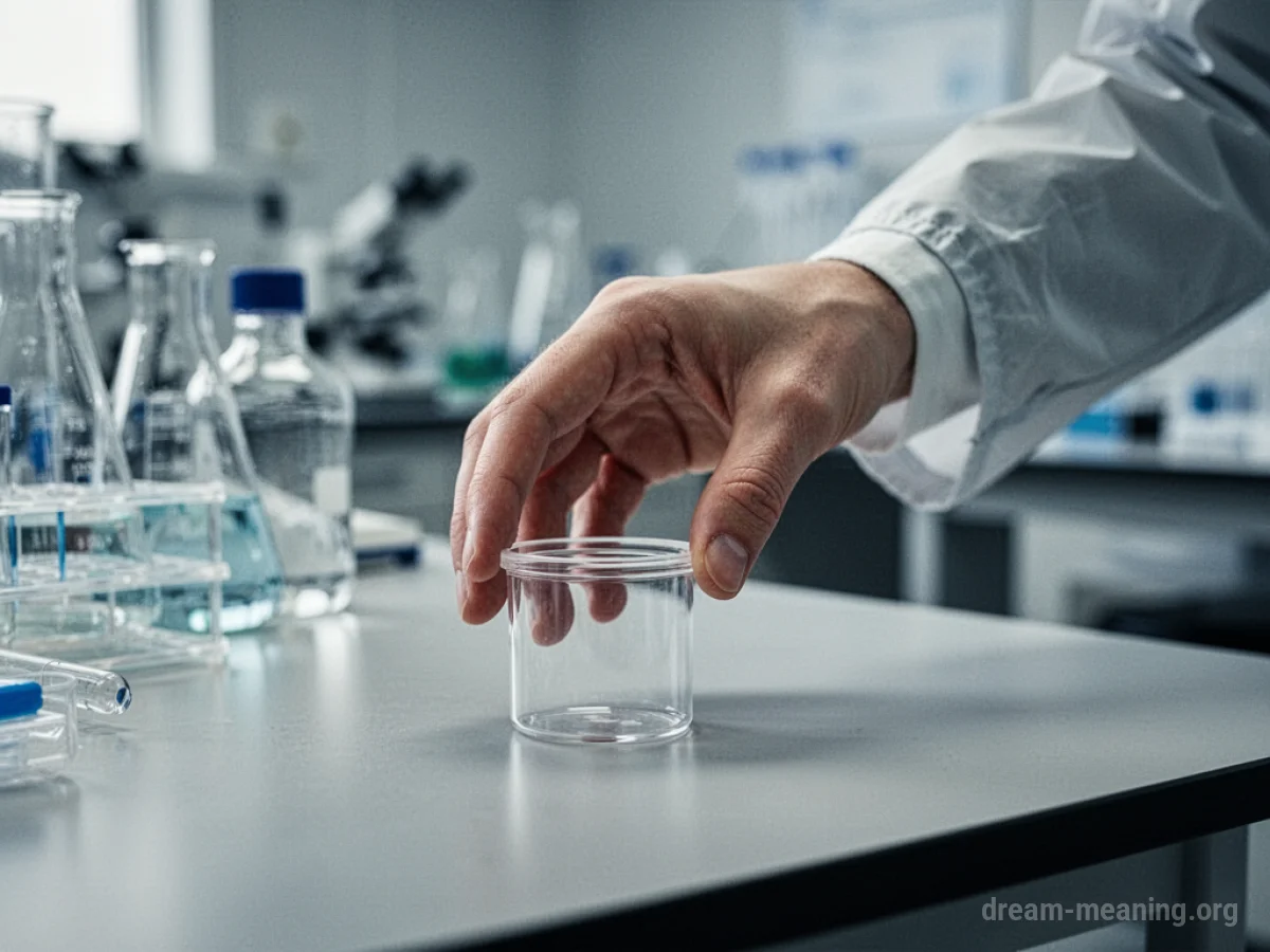 A hand reaching to take a sample container from a table.