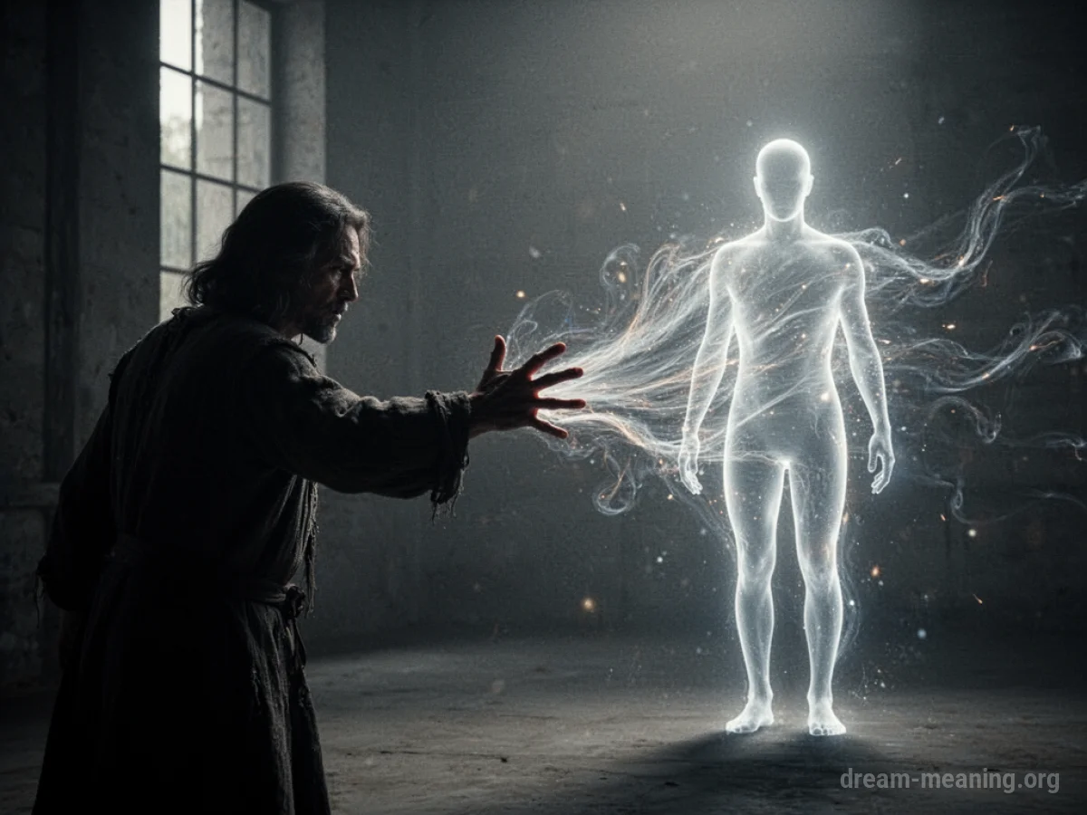 A dark silhouette figure with outstretched hands near a faintly glowing human silhouette.
