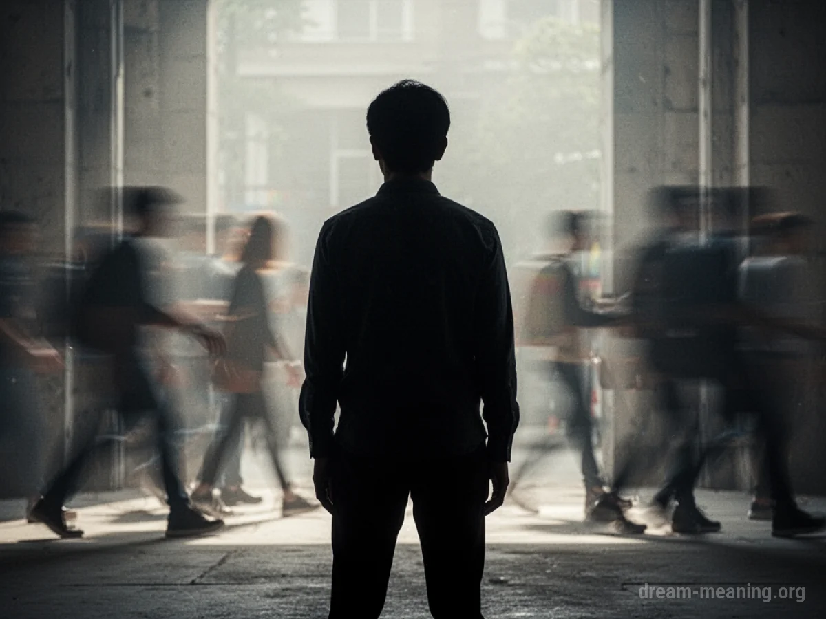 A silhouette of a person standing still while others move around them.
