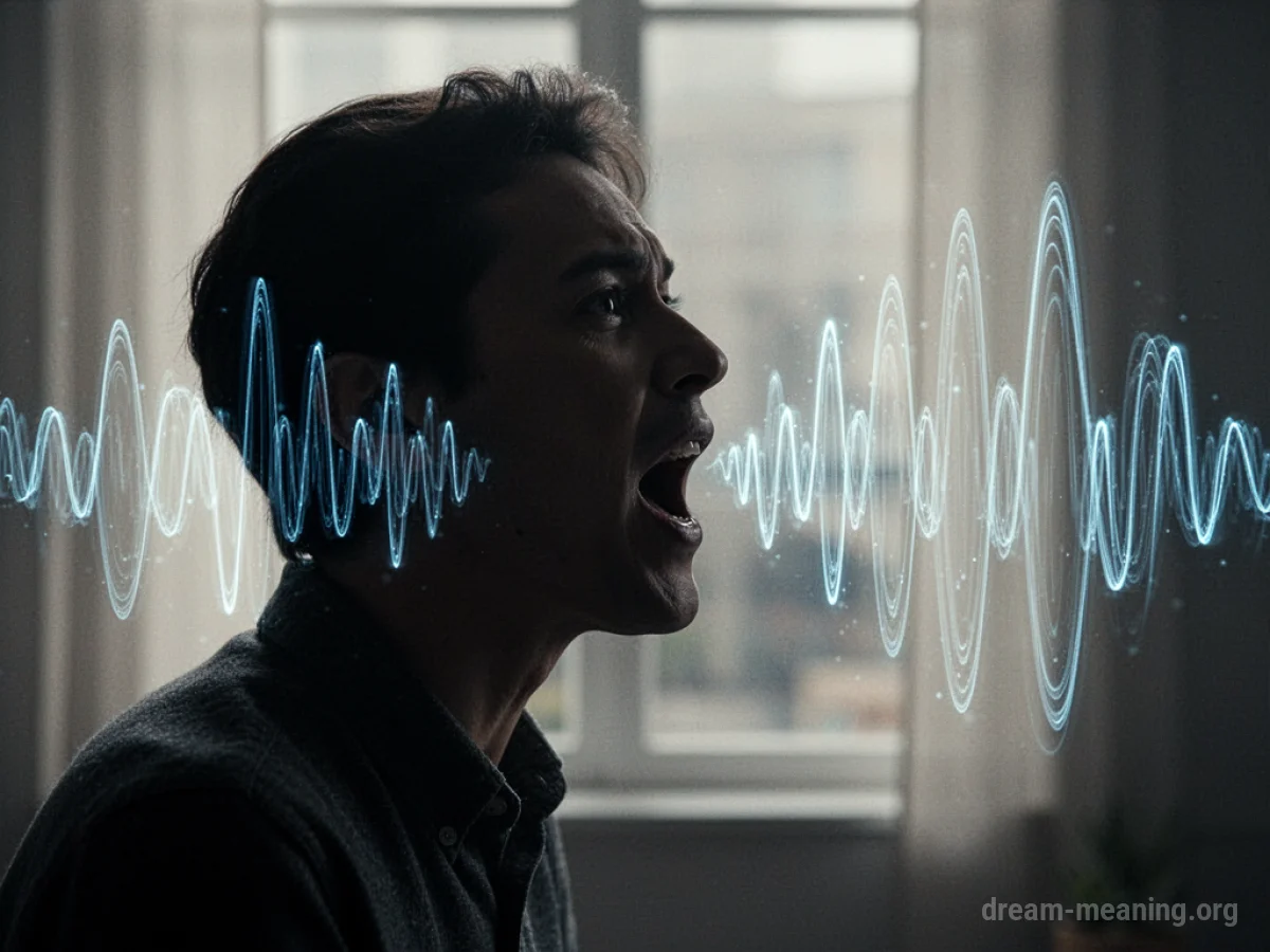 Silhouette of a person speaking with many sound waves emanating from their mouth.