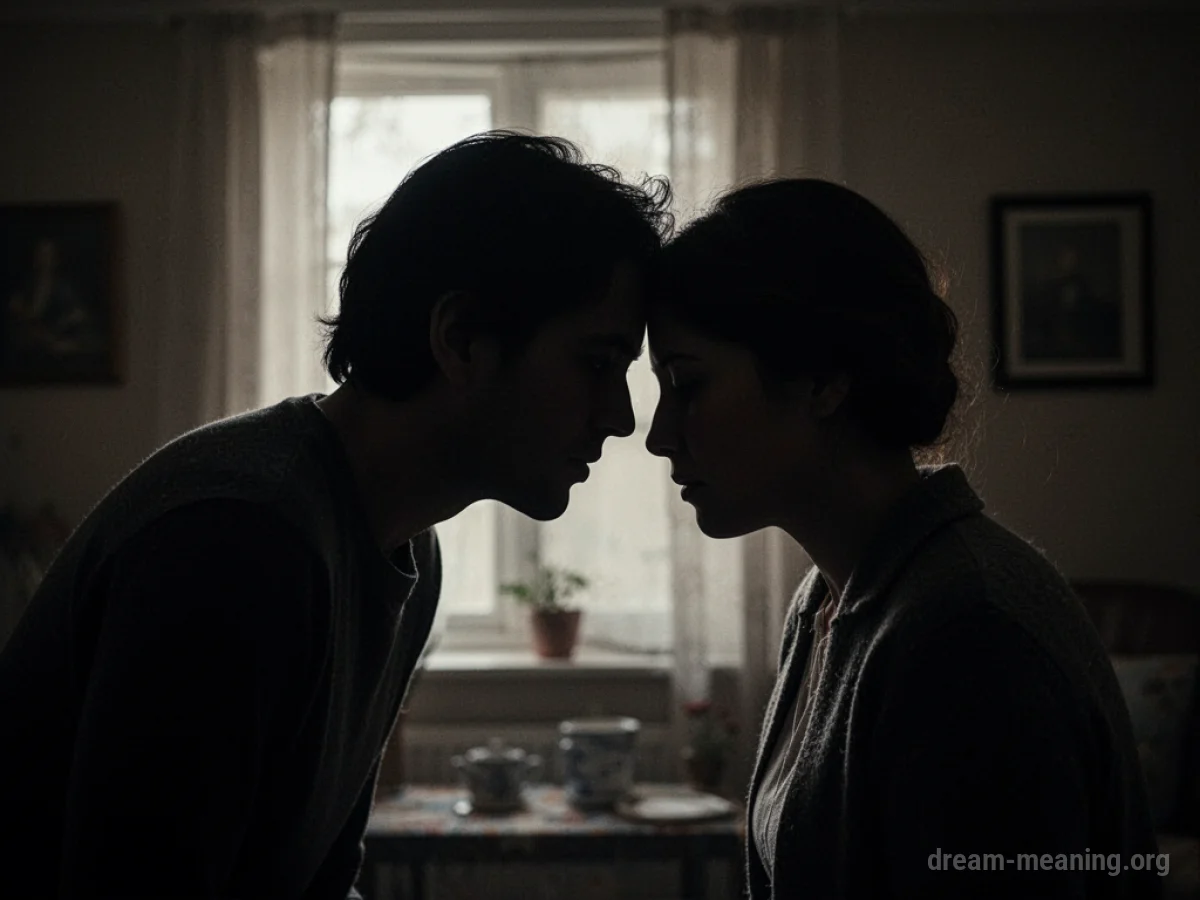 Silhouette of two figures in close proximity, one appearing to whisper to the other.