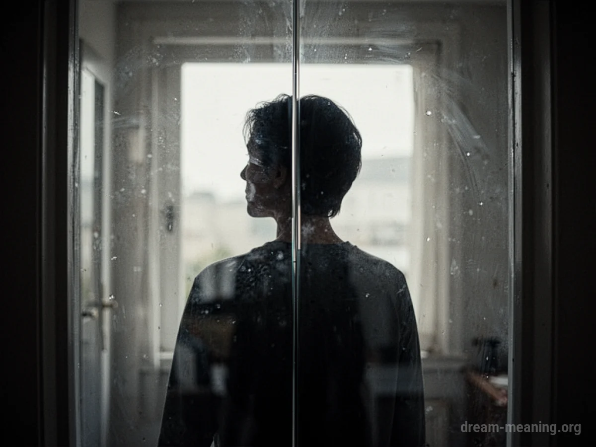 A shadowy figure is visible through a reflective surface.