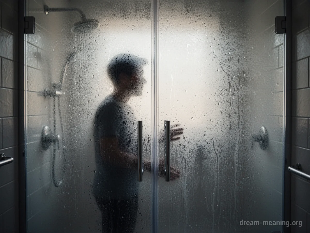 Silhouette of a person looking through a frosted shower door.