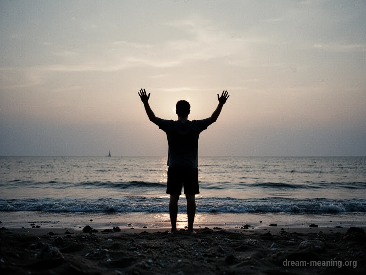 Silhouette of a person waving on a distant shore.