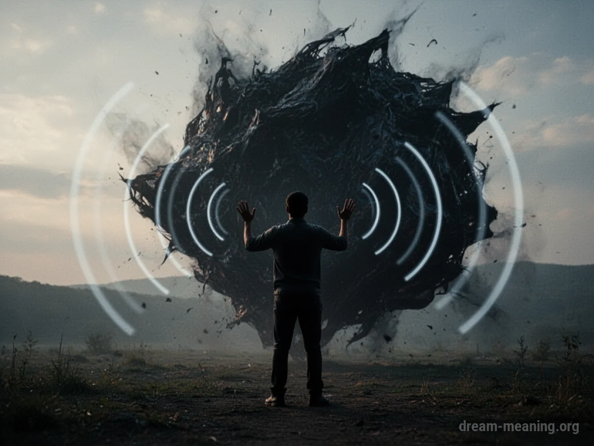 Silhouette of a person facing a large sound wave emanating from a dark shape.