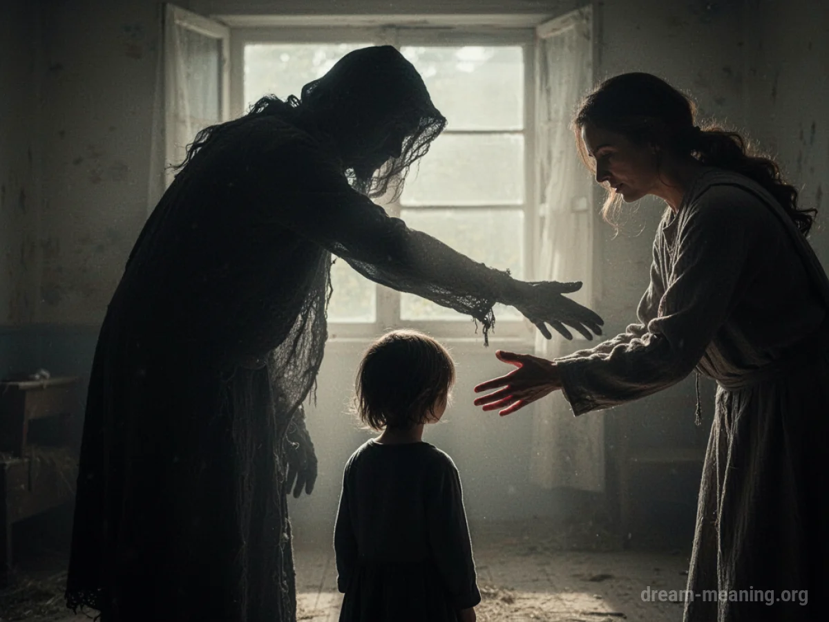 A shadowy figure stands over a child's silhouette, with an adult silhouette reaching out defensively.