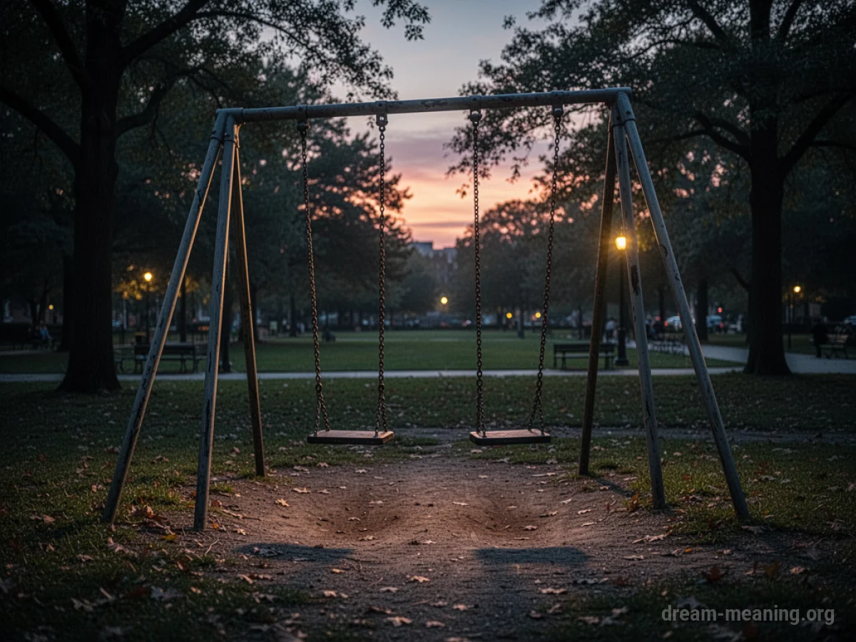 An empty swing set in a park as evening approaches.