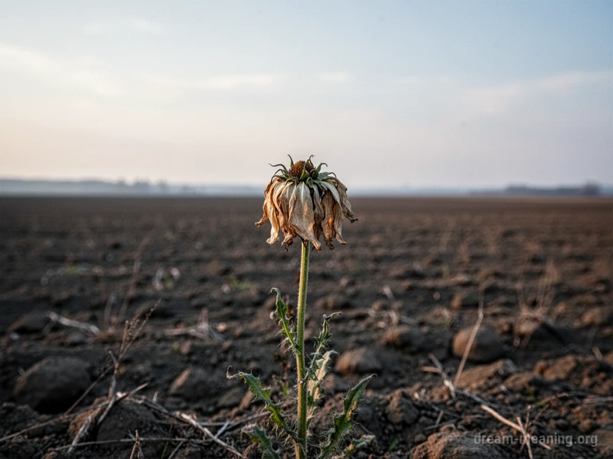 A single wilting flower stands alone in a large, barren field.