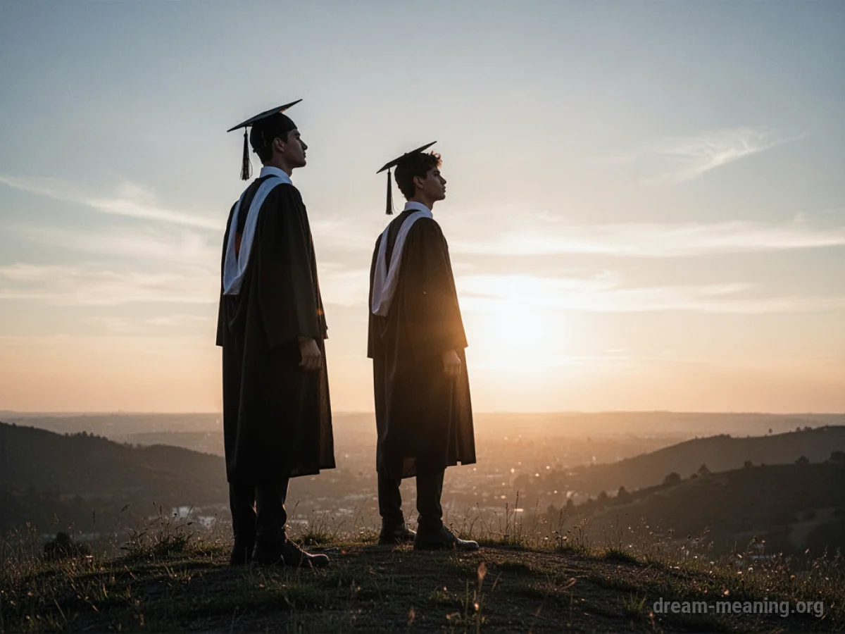Silhouette of a graduate on a hill facing a sunrise.