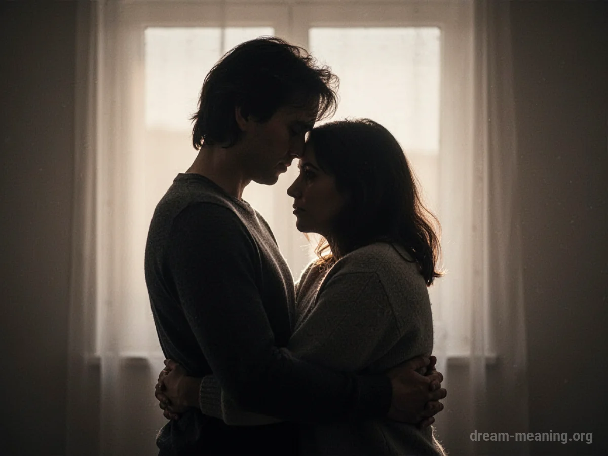 Silhouette of one person embracing another.