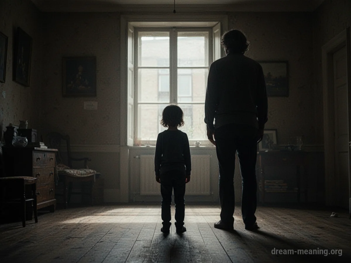 Silhouette of a child facing away from an adult in a dimly lit room.