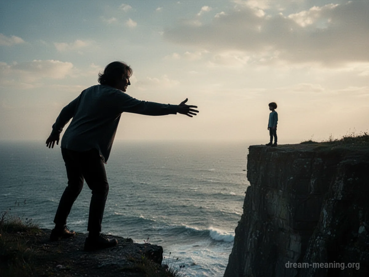 Silhouette of a parent figure reaching towards a smaller silhouette of a child near a cliff.
