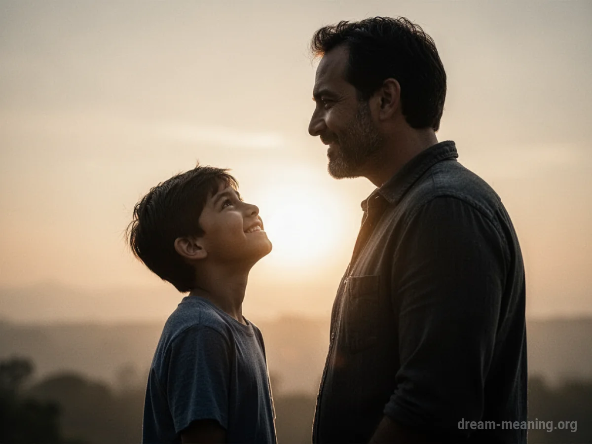 Silhouette of a father and son, the son is smiling.
