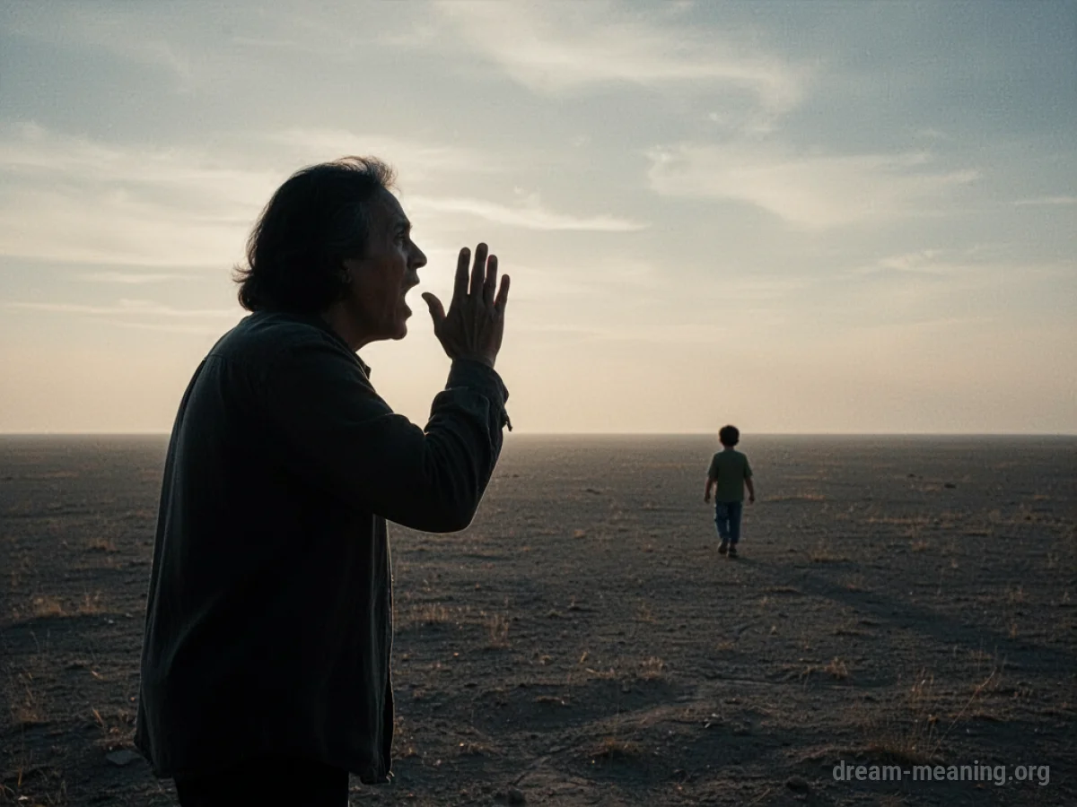 A parent stands in an empty field, looking towards a small child who is walking away.