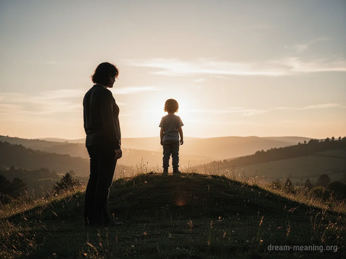Parent figure watching a child figure stand on a sunlit hill.