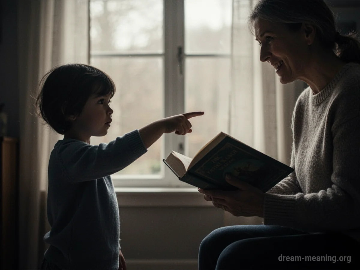 Silhouette of a child pointing at a book held by an adult.