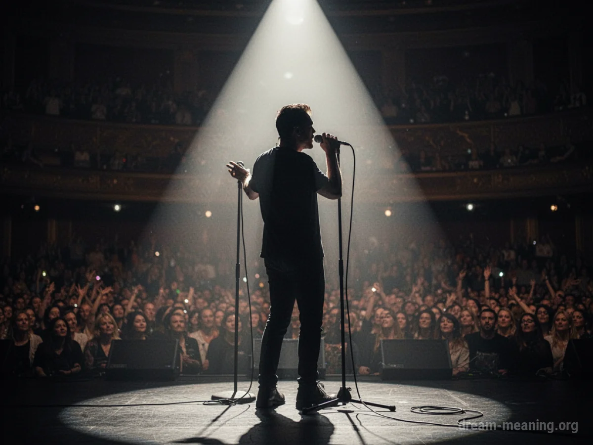 Silhouette of a singer on a brightly lit stage with a dark, indistinct audience.