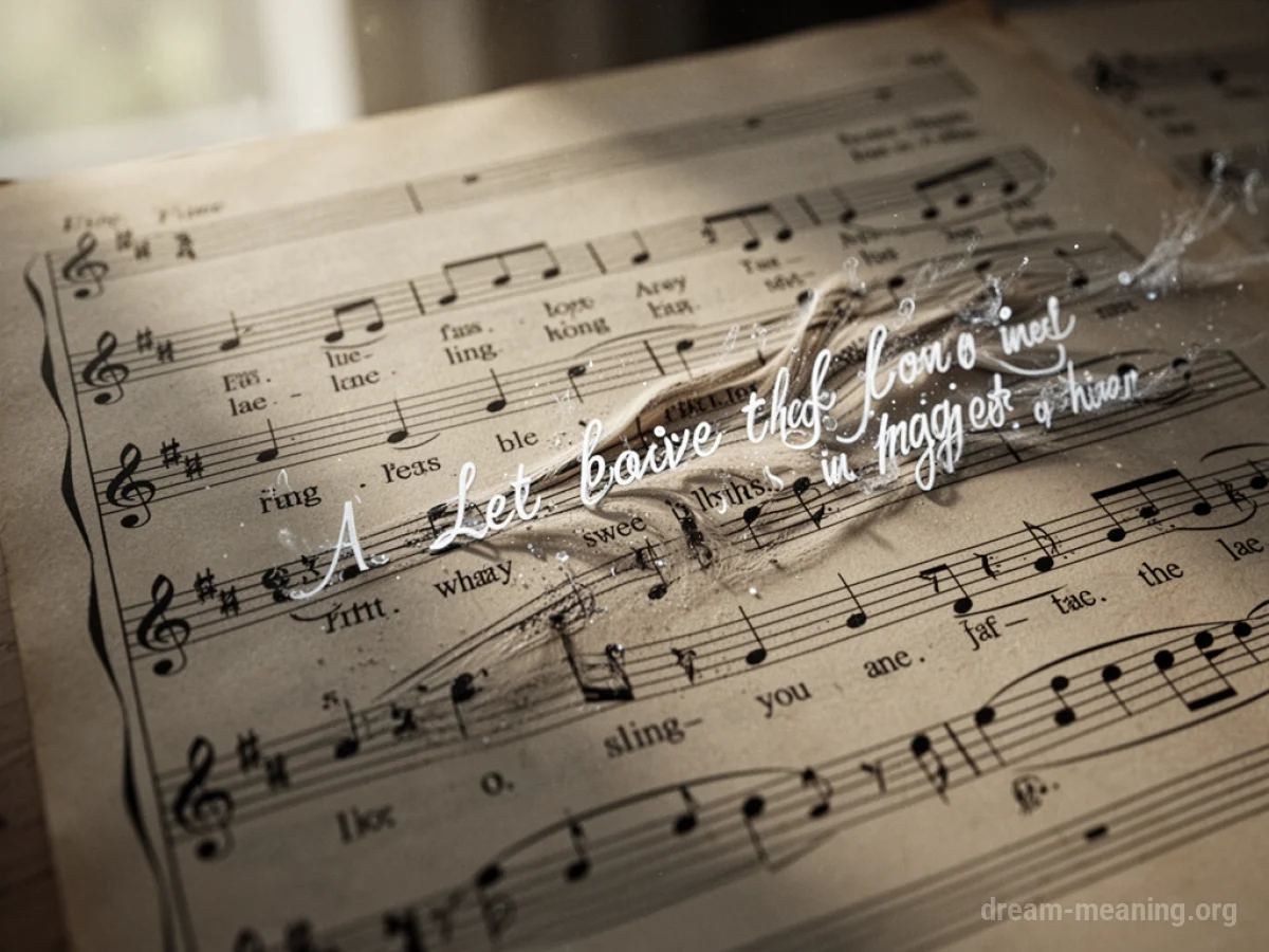 A sheet of musical notation with text that appears to be dissolving and reforming.