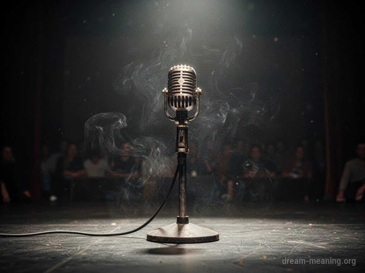 A lone microphone on a dark stage.