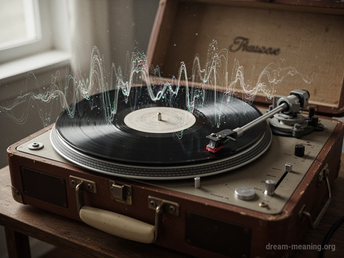 A vinyl record spinning on a turntable with distorted sound waves.