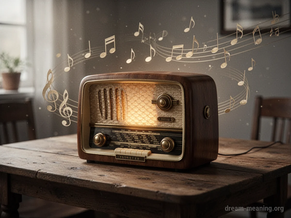 A vintage radio on a table with musical notes floating around it.