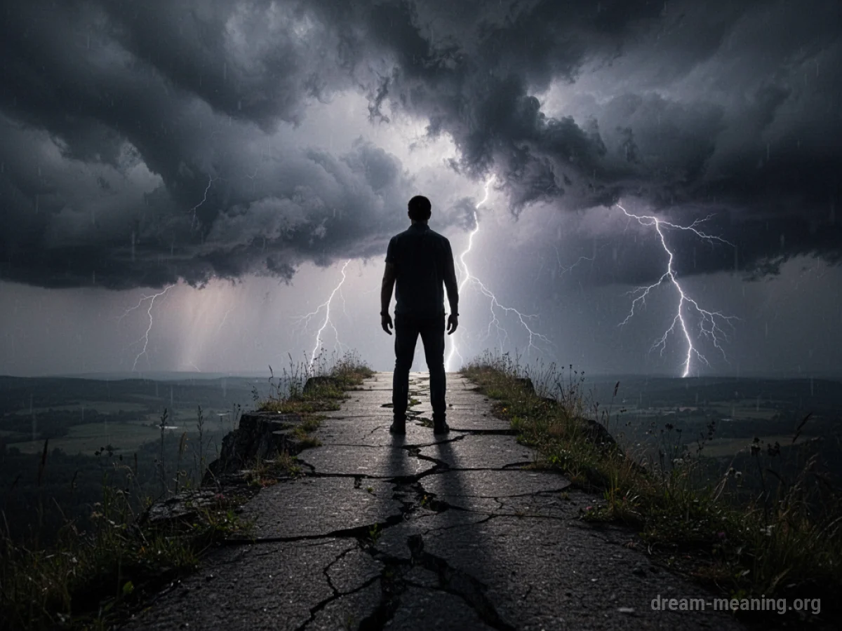Silhouette of a person on a precarious path with a stormy sky.