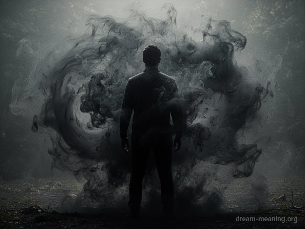 A shadowy figure facing a dark, swirling mist.
