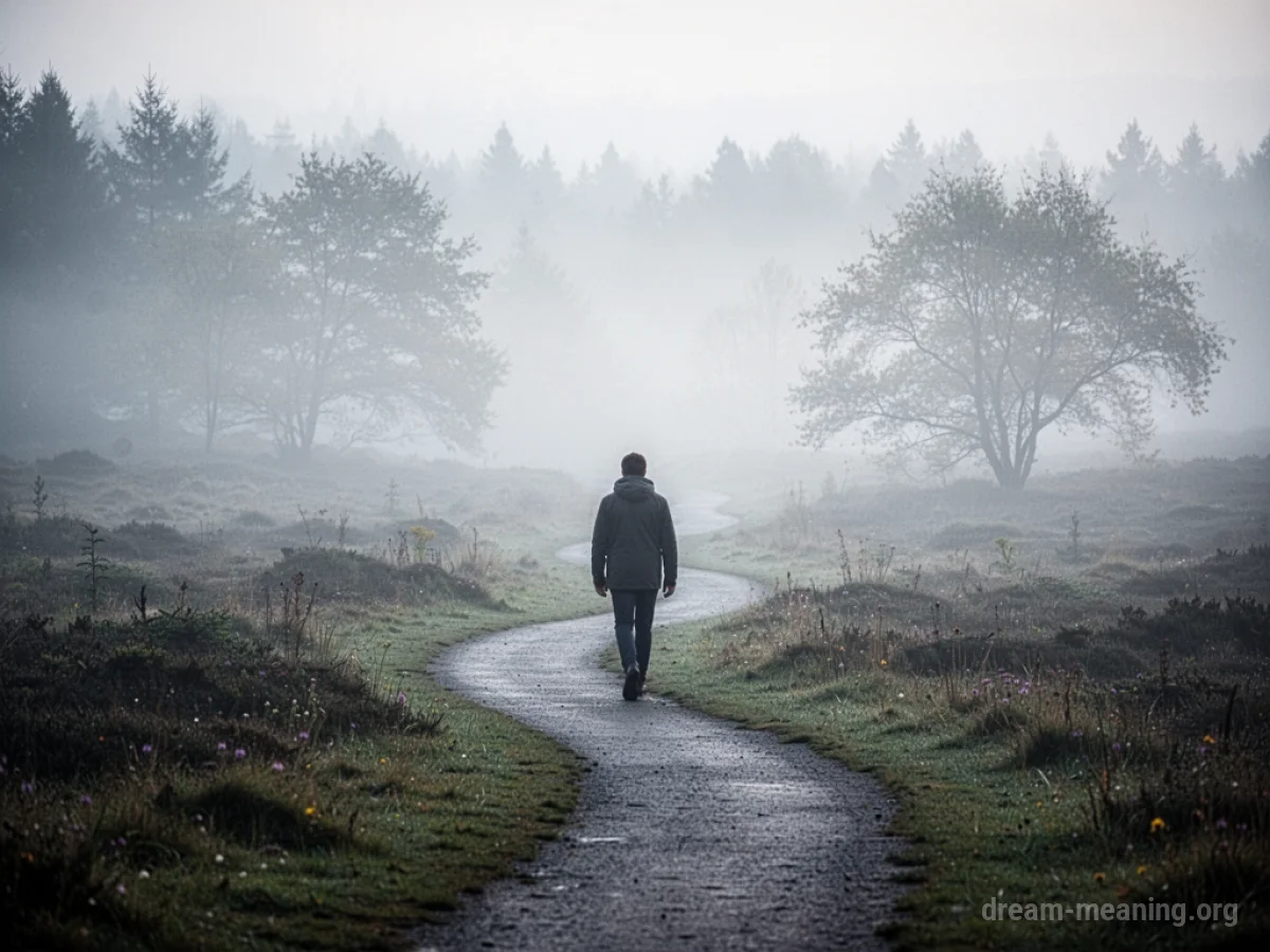 A person walking on a path in a misty landscape.