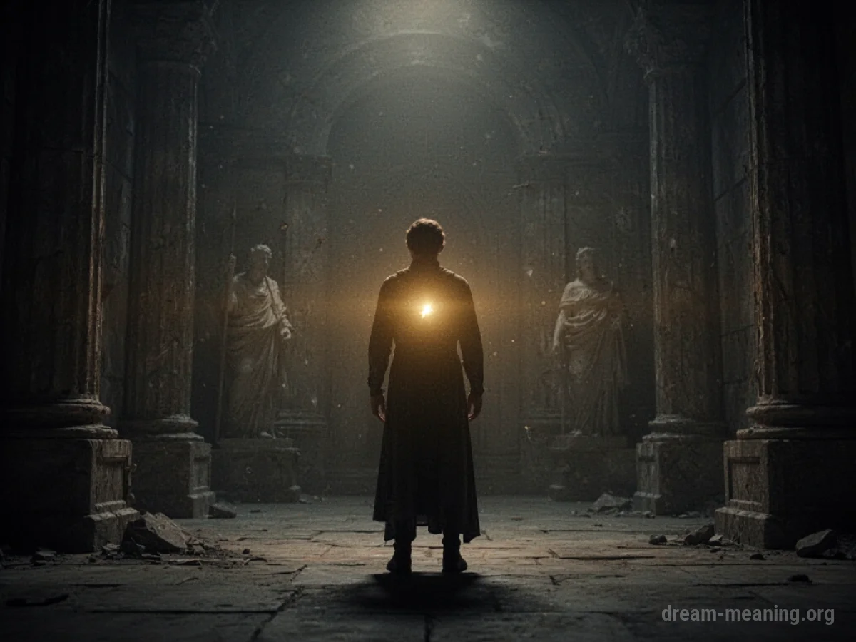 A glowing silhouette stands before shadowy figures.