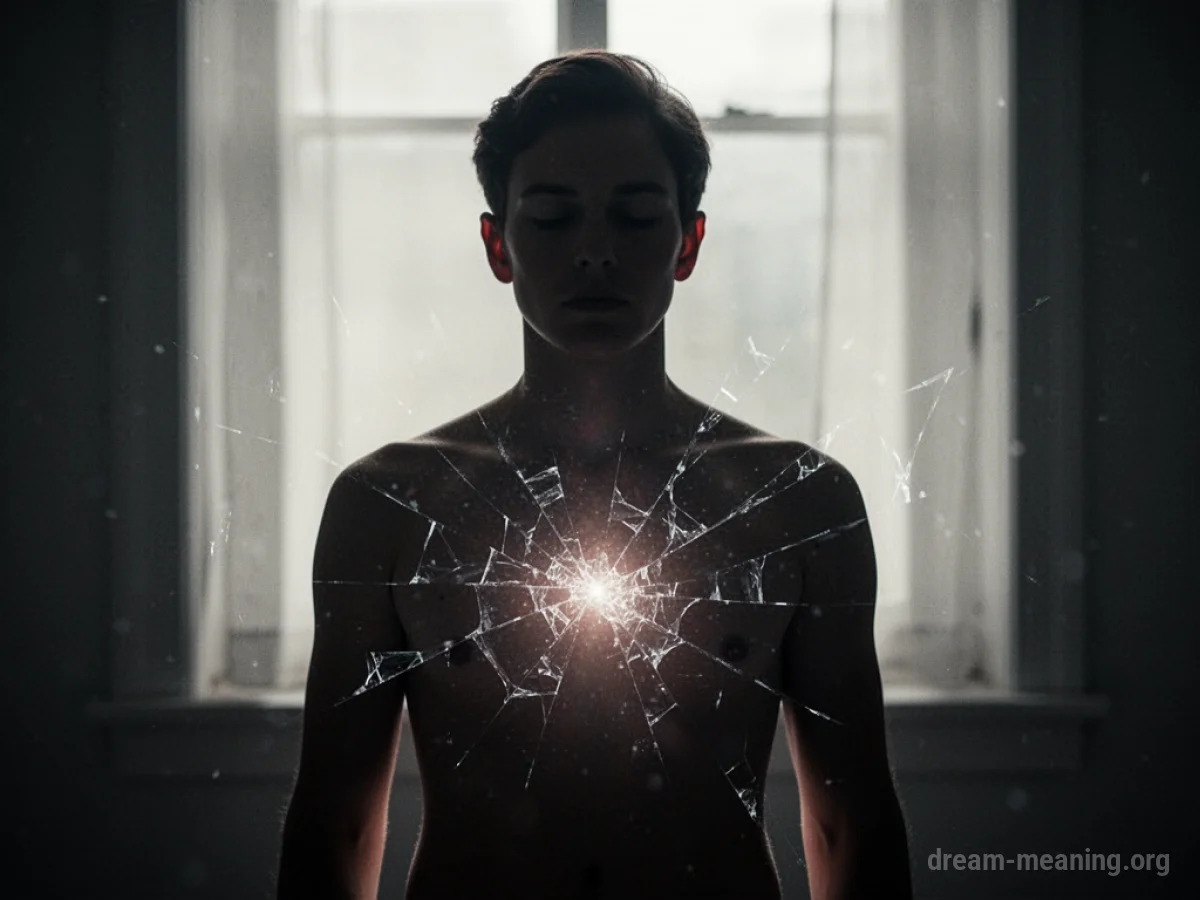 Silhouette of a person with fractured light in chest area.