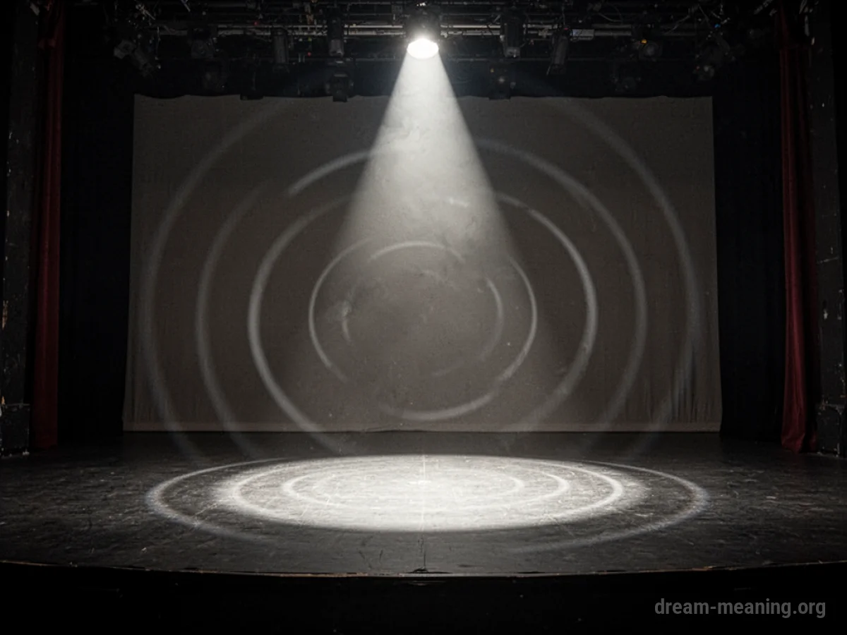 A spotlight on an empty stage with radiating sound waves.