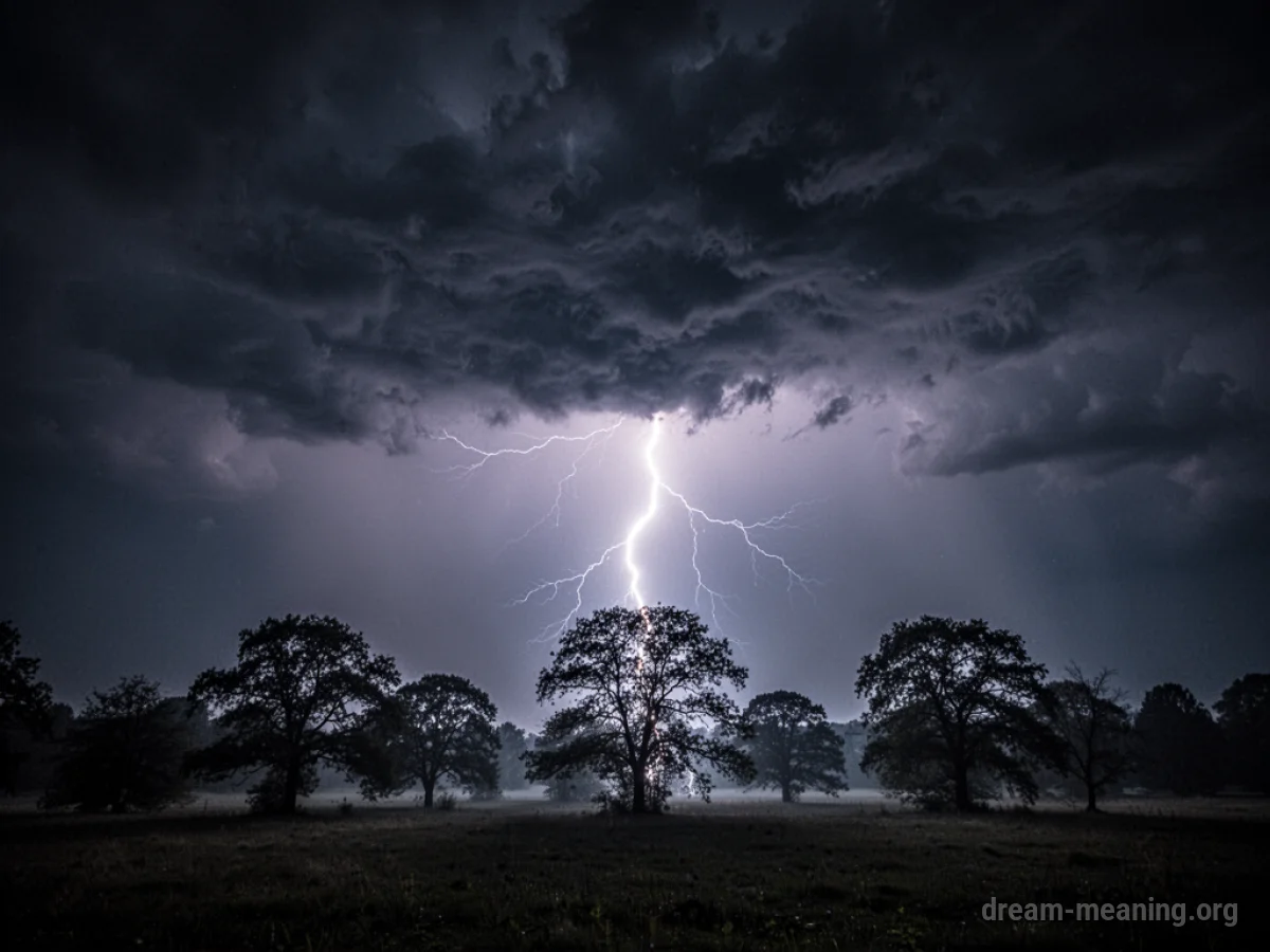 A dark sky with a lightning strike over silhouetted trees.