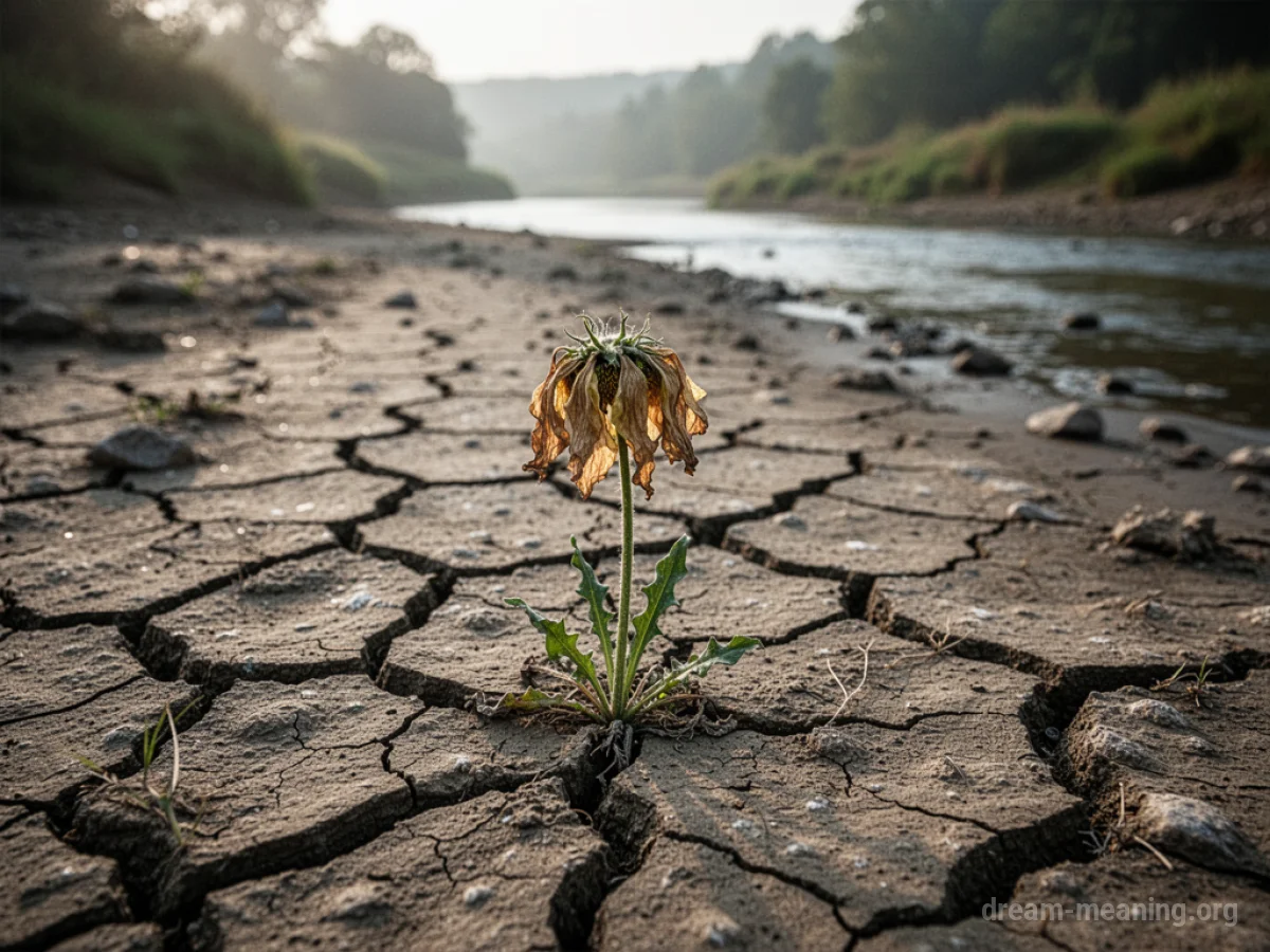 A barren, cracked riverbed with a lone, dry plant.